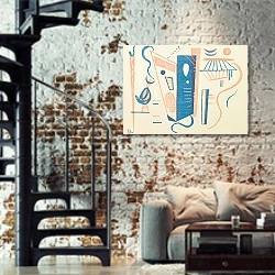 «Untitled, from XXe Siècle» в интерьере двухярусной гостиной в стиле лофт с кирпичной стеной