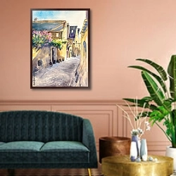 «Старая улица в старом городе Ле-Ман, Франция» в интерьере классической гостиной над диваном