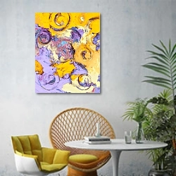 «Желто-фиолетовая абстракция» в интерьере современной гостиной с желтым креслом