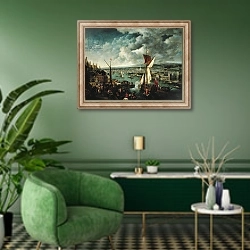 «A View of London» в интерьере гостиной в зеленых тонах
