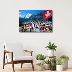 «Село Церматт с пиком Маттерхорн в швейцарских Альпах» в интерьере современной комнаты над креслом
