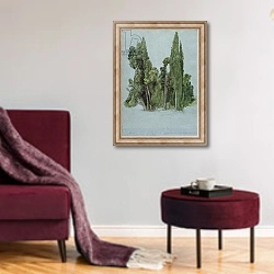 «The Cypresses at the Villa d'Este, Tivoli» в интерьере гостиной в бордовых тонах