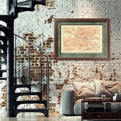 «Карта Нюрнберга, конец 19 в. 1» в интерьере двухярусной гостиной в стиле лофт с кирпичной стеной