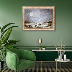 «Winter Landscape 3» в интерьере гостиной в зеленых тонах