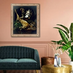 «Still Life of a Dead Hare, Partridges, and Other Birds in a Niche » в интерьере классической гостиной над диваном