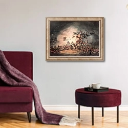 «Storming of Ciudad Rodrigo, 19th January, 1813 aquatinted by Thomas Sutherland» в интерьере гостиной в бордовых тонах