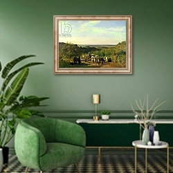 «View from the Hilltops of Suresnes or, The Grape Harvest at Suresnes» в интерьере гостиной в зеленых тонах