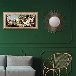 «Diana and her Nymphs Surprised by Fauns, 1638-40» в интерьере классической гостиной с зеленой стеной над диваном