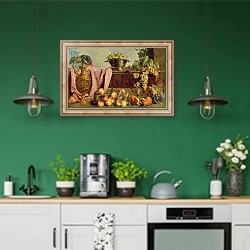 «Still Life with a Jug, 1734» в интерьере кухни с зелеными стенами