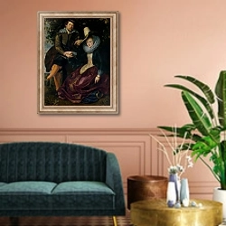 «Self portrait with Isabella Brandt, his first wife, in the honeysuckle bower, c.1609» в интерьере классической гостиной над диваном