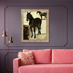 «Three Studies of Horses; Trois Etudes de Chevaux, c.1823» в интерьере гостиной с розовым диваном