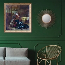 «Мужчина с мертвыми птицами и другие люди в конюшне» в интерьере классической гостиной с зеленой стеной над диваном