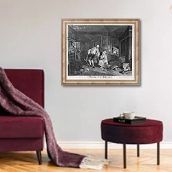 «Marriage a la Mode, Plate V, The Bagnio, 1745» в интерьере гостиной в бордовых тонах