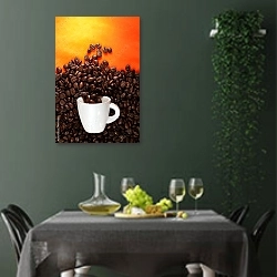 «Чашка кофе с зёрнами на оранжевом фоне» в интерьере столовой в зеленых тонах