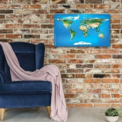 «Детская карта мира с животными №10» в интерьере в стиле лофт с кирпичной стеной и синим креслом
