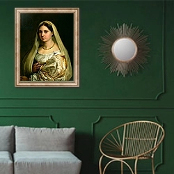«The Veiled Woman, or La Donna Velata, c.1516» в интерьере классической гостиной с зеленой стеной над диваном