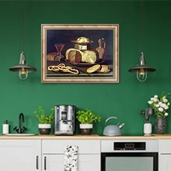 «Still Life with bread, cheese, wine and pretzels» в интерьере кухни с зелеными стенами