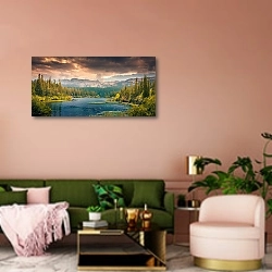 «Озеро в лесу на фоне гор» в интерьере современной гостиной с розовой стеной