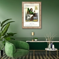 «The Cloth Seller, plate 5 from 'Les Femmes de Paris', 1841-42» в интерьере гостиной в зеленых тонах