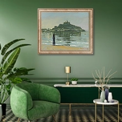 «Дора на берегу» в интерьере гостиной в зеленых тонах