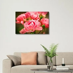 «Нежные розовые бутоны цветов» в интерьере современной светлой гостиной над диваном