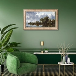«Вид на реку» в интерьере гостиной в зеленых тонах