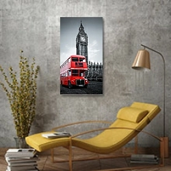 «Лондон, Англия. Красный автобус и Биг Бен» в интерьере в стиле лофт с желтым креслом