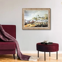 «Battle of Maida, July 4th, 1806, engraved by Thomas Sutherland» в интерьере гостиной в бордовых тонах