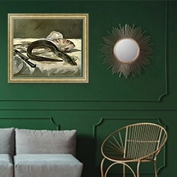 «Eel and Red Mullet, 1864» в интерьере классической гостиной с зеленой стеной над диваном