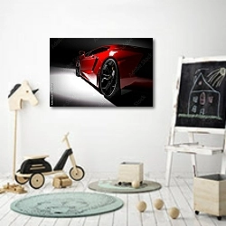 «Красный быстрый спортивный автомобиль» в интерьере детской комнаты для мальчика с самокатом