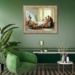 «Aeneas telling Dido of the Disaster at Troy, 1815» в интерьере гостиной в зеленых тонах