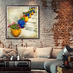 «Греция. Улицы Крита #7. Винтаж» в интерьере гостиной в стиле лофт с кирпичной стеной