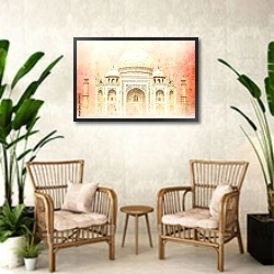 «Тадж-Махал, старинное фото» в интерьере комнаты в стиле ретро с плетеными креслами
