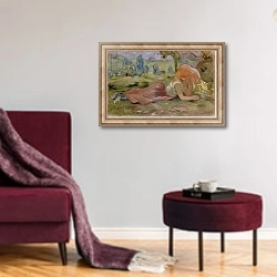 «The Goatherd, 1891» в интерьере гостиной в бордовых тонах