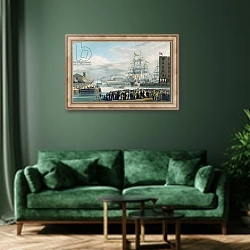 «The Opening of St. Katharine Docks, Saturday the 25th October 1828» в интерьере зеленой гостиной над диваном