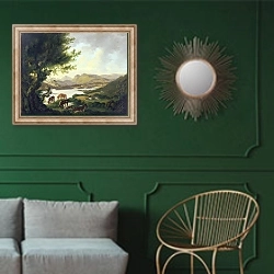 «Lake Windemere» в интерьере классической гостиной с зеленой стеной над диваном