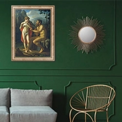 «Фавн Марсий учит молодого Олимпия игре на свирели. 1821» в интерьере классической гостиной с зеленой стеной над диваном
