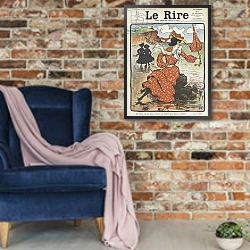 «Illustration for Le Rire 5» в интерьере в стиле лофт с кирпичной стеной и синим креслом