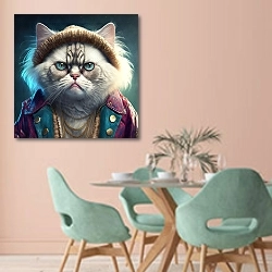 «Кошка в яркой куртке» в интерьере современной столовой в пастельных тонах