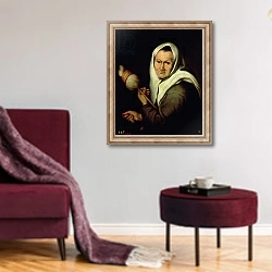 «An Old Woman Spinning» в интерьере гостиной в бордовых тонах