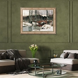 «Оттепель в Гатчине. 1897» в интерьере гостиной в оливковых тонах
