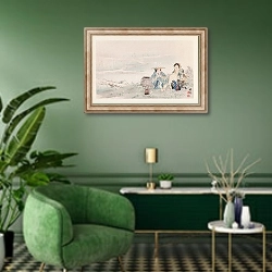 «Seihō jūni Fuji, Pl.05» в интерьере гостиной в зеленых тонах