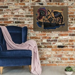 «Geflecht» в интерьере в стиле лофт с кирпичной стеной и синим креслом