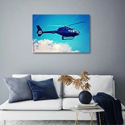 «Современный вертолет в небе» в интерьере современной гостиной в синих тонах