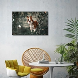 «Proud border collie dog» в интерьере современной гостиной с желтым креслом