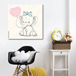 «Слоненок с розовым воздушным шаром в форме сердца» в интерьере детской комнаты для девочки с желтыми деталями