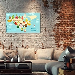 «Детская фруктовая карта Северной Америки» в интерьере гостиной в стиле лофт с кирпичной стеной