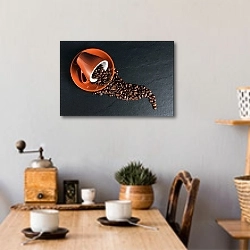«Чашка кофе с просыпанными зернами» в интерьере кухни над обеденным столом с кофемолкой