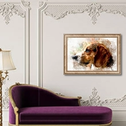 «Акварельный портрет бигля» в интерьере в классическом стиле над банкеткой