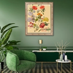 «Studies of Summer Flowers» в интерьере гостиной в зеленых тонах